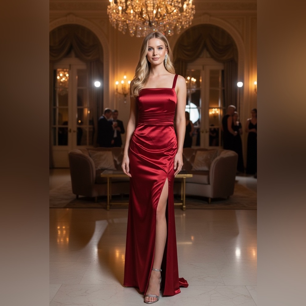 Elegant Red Satin Evening Gown with Thigh Slit